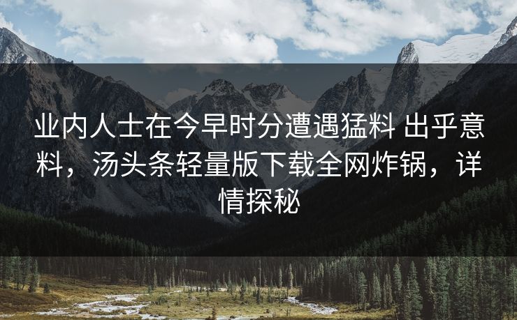 业内人士在今早时分遭遇猛料 出乎意料，汤头条轻量版下载全网炸锅，详情探秘